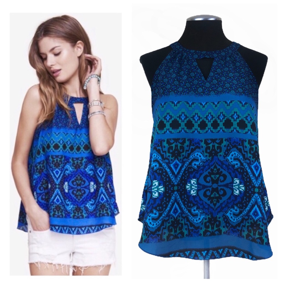 Express - Blue Mixed Print Halter Cutout Tank Top - Extra Small XS